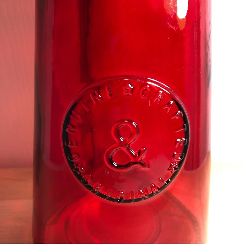 Genuine Crafted & Original Red Glass Ribbed Candle Holder with Metal Wire Handle